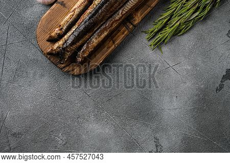 Fried River Lamprey Set, On Gray Stone Table Background, Top View Flat Lay, With Copy Space For Text