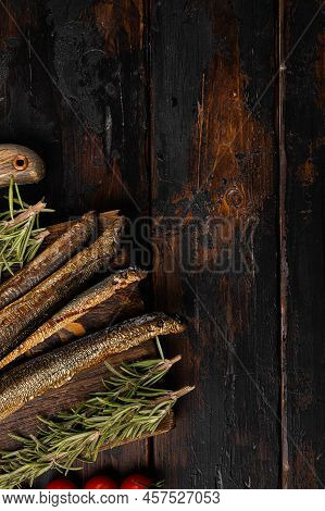 Fried River Lamprey Set, On Old Dark  Wooden Table Background, Top View Flat Lay, With Copy Space Fo