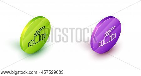 Isometric Line Industry Metallic Pipes And Valve Icon Isolated On White Background. Green And Purple