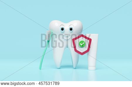 3d Dental Molar Teeth Model Icon With Toothbrush, Toothpaste Tube, Shield Check Isolated On Green Ba