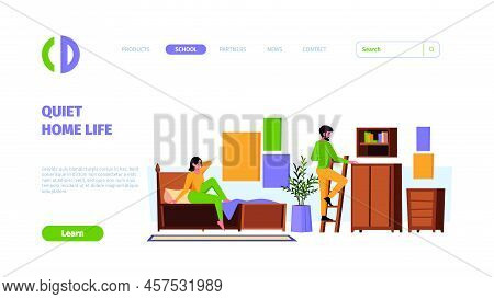 Home Leisure Landing. Family Spent Free Time Together Daily Activities Garish Vector Web Page Templa