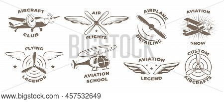 Airplanes Badges. Aviators Symbols Propellers Wings Of Airplanes Exact Vector Labels With Place For 