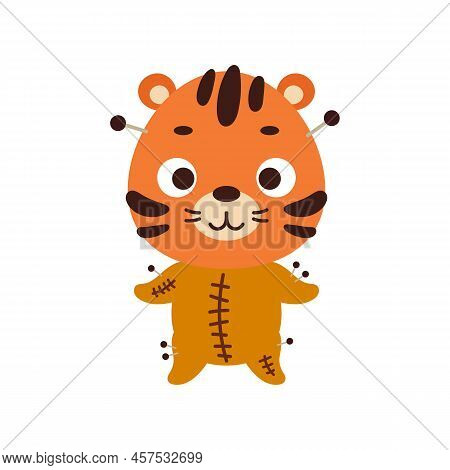 Cute Little Halloween Tiger In A Voodoo Costume. Cartoon Animal Character For Kids T-shirts, Nursery