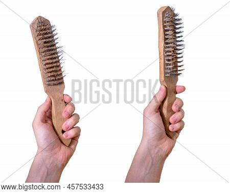 A Man's Hand With Metal Wire Brush Isolated. A Hand Holding A Wire Brush.