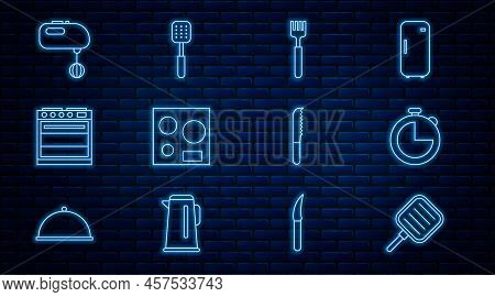 Set Line Frying Pan, Kitchen Timer, Fork, Electric Stove, Oven, Mixer, Bread Knife And Spatula Icon.