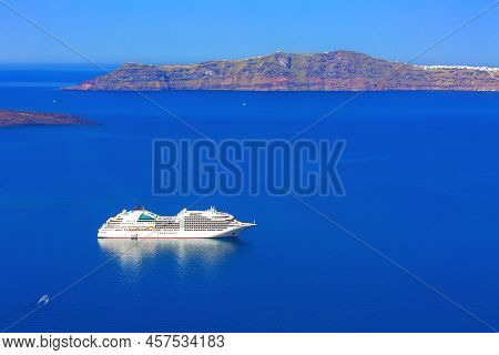 Panoramic Sea View To Caldera, Volcano Island And Cruise Ship In Santorini, Greece