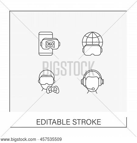 Vr Line Icons Set. Virtual Reality Haptic Gloves And Suit, Headset Computer, Applications Etc. Moder