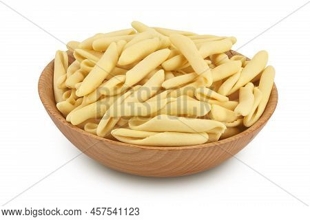Typical Calabrian Pasta Called Maccheroncini Or Maccheroni In Wooden Bowl Isolated On White Backgrou