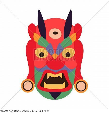 Asian Ritual Mask Flat Icon. Traditional, Ceremonial, Indigenous And Ethnic Face Masks Vector Illust