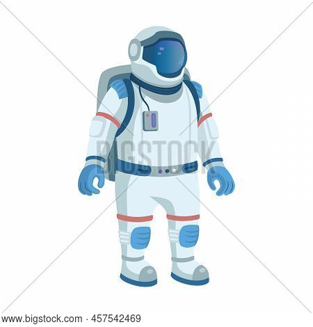 Cosmonaut Character In Space Flat Icon. Cartoon Spaceman Or Cosmonaut Exploring Galaxy, Holding Flag