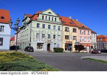 Wodzislaw Slaski, Poland - May 11, 2021: Main City Square (rynek) In Wodzislaw Slaski, Poland. Wodzi