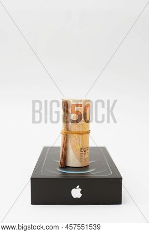 Stariy Oskol, Russia - July 5, 2021: Euro Banknotes On The Packaging Of A New Iphone Smartphone, Buy