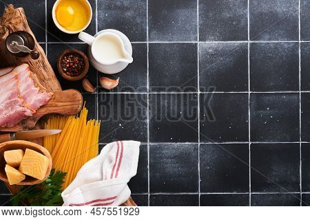 Ingredients For Pasta Carbonara. Traidtional Italian Pasta Carbonara Ingredients Bacon, Spaghetti, P