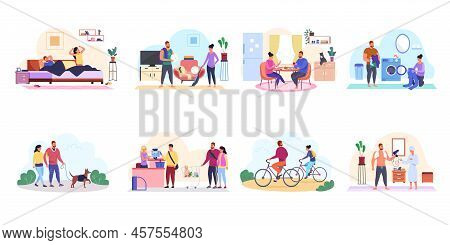 Couple Life Routine. Everyday Life People, Couples Lives Daily Walk Bicycle, Clean House, Awake Morn