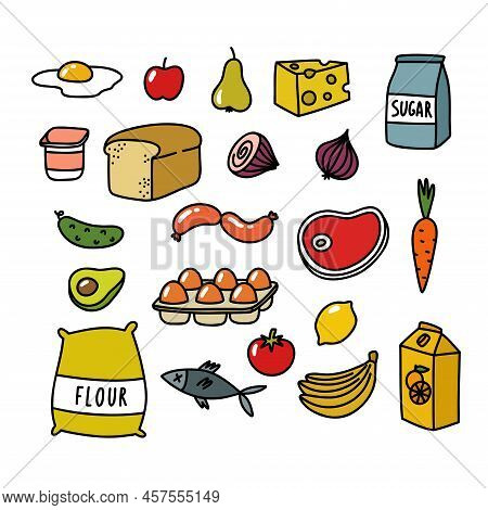 Food Doodle Icons Set, Vector Color Illustration