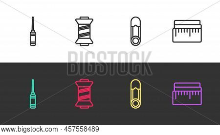 Set Line Awl Tool, Sewing Thread, Safety Pin And Tape Measure On Black And White. Vector