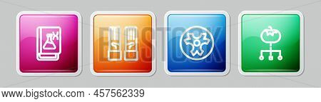 Set Line Genetic Engineering Book, Medical Rubber Gloves, Biohazard Symbol And Genetically Modified 
