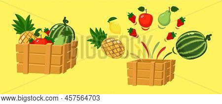 Vegetables And Fruits Flat Icon Isolated Simple Set. Ingredients In Basket. Vector Flat Cartoon Illu