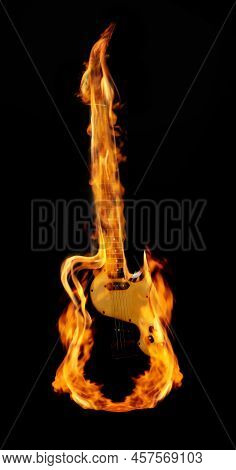 Electric Guitar In Flames On Black Background, Bright Design, Rock Music Concept