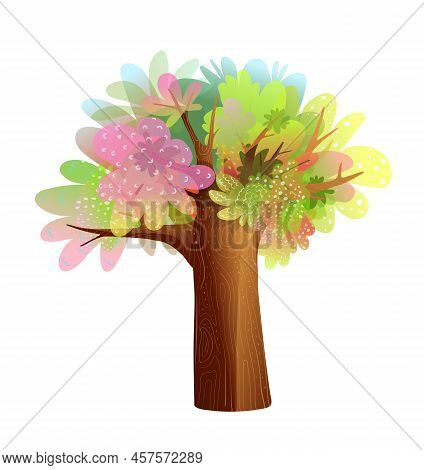 Colorful Enchanted Tree For Kids Design. Childish Illustration Of A Big Tree, Cute Colorful Forest C
