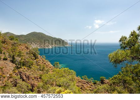 Beautiful Seascape. View Of Mediterranean Sea From A Hilltop. Postcard With A View Of Calm Sea In Cl