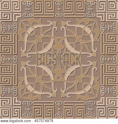 Floral Textured 3d Seamless Pattern. Greek Embossed Colorful Background. Vector Repeat Surface Backd