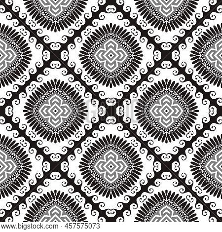 Floral Greek Vector Seamless Pattern. Ornamental Wavy Grid Background. Repeat Backdrop. Ornate Rendy