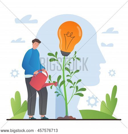 Skills Growth Concept. Man Watering Plant With Light Bulb On Top. Hardworking Employee, Creative Per