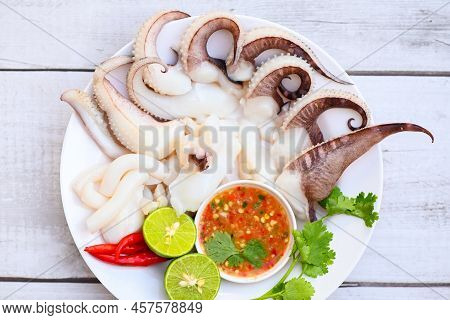 Seafood Plate Squid Food On White Plate, Fresh Squid Cooked Boiled Steam With Vegetable Salad Lemon 