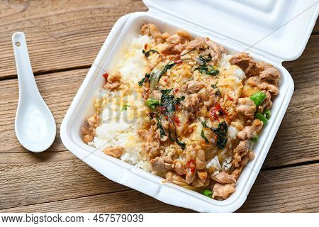 Lunch Box Foam , Food Box With Rice Stir Fried Chicken With Holy Basil Takeaway Food , Street Food -