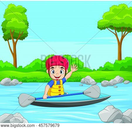Vector Illustration Of Cartoon Little Boy On A Boat