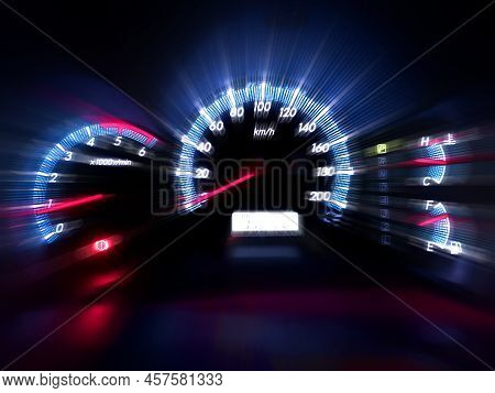 The Speedometer Of A Modern Car Shows A High Driving Speed. Added Motion Blur