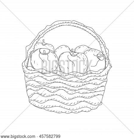 Beautiful Illustration Of The Basket Full Of Fruits In Line Art Mode, Apple Basket Art