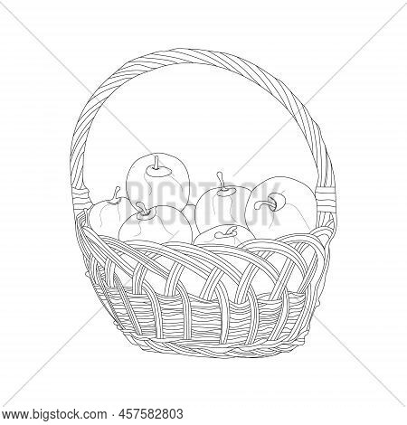 Illustration Of The Basket Full Of Fruits In Line Art Mode, Apple Basket Art