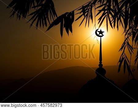 Ramadan, Eid Ai-fitr,new Year Muharram Islamic Religion Symbols With Mosques Dome Silhouette On Dark