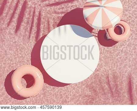 3d Render Top View Of White Blank Cylinder Frame For Mock Up And Display Products With Water Caustic