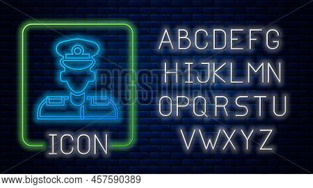 Glowing Neon Pilot Icon Isolated On Brick Wall Background. Neon Light Alphabet. Vector