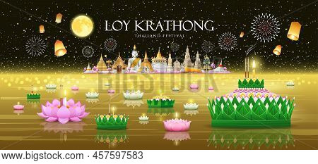 Loy Krathong Thailand Festival, Banana Leaf Material And Pink, Green Lotus Design, On Major Tourist 