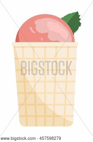 Pink Coloured Ice Cream With Mint Leaves In Waffer Cone, Isolated On White Background