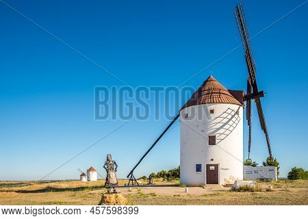 Mota Del Cuervo,spain - May 27,2022 - View At The Windmills In Area Of Mota Del Cuervo. Mota Del Cue