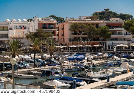 Cala Ratjada, Mallorca, Spain; June 25th, 2022: Port In Cala Ratjada Center With Residential Buildin
