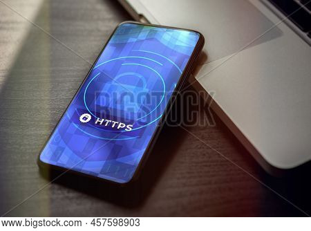 Https 3d Illustration With Smartphone Lying On Wood Table. Hypertext Transfer Protocol Secure In Dis
