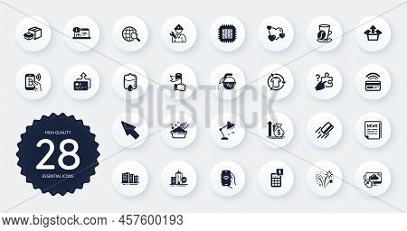 Set Of Business Icons, Such As Packing Boxes, Fireworks And Card Flat Icons. Change Clothes, Cloud C