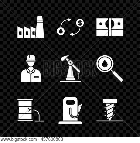 Set Oil Industrial Factory Building, Exchange, Stacks Paper Money Cash, Barrel Oil Leak, Petrol Gas 