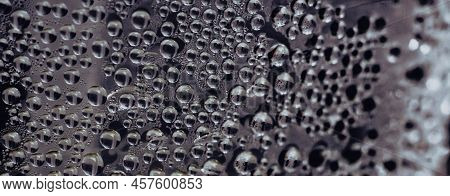 Many Water Rain Drops Wet Window Condensation On Glass. Fresh Background. Textures Formed By Bubbles