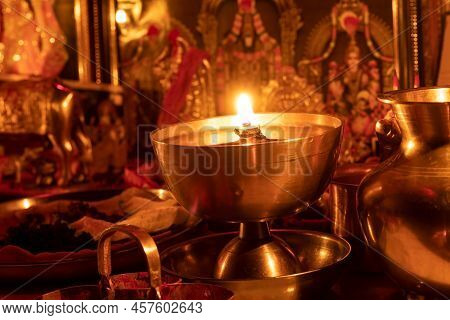 Traditional Indian Brass Oil Lamp \'diya \'. During Events Like Housewarming, Marriage Etc., The Diy