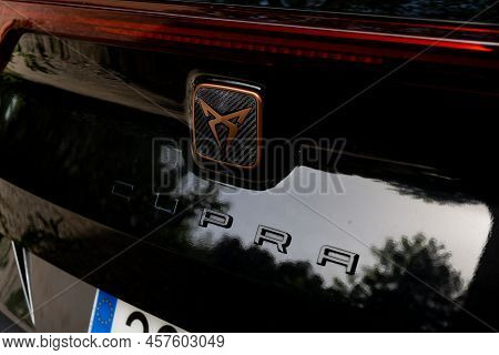 Tarragona, Spain - June 01, 2022: The Seat Cupra Logo On A Car In Black Close-up.