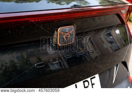 Tarragona, Spain - June 01, 2022: The Seat Cupra Logo On A Car In Black Close-up.