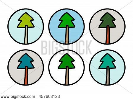 Pine Trees Hand Drawn Vector Set In Cartoon Doodle Style Icon Logotype Forest Caming Tourism Travel