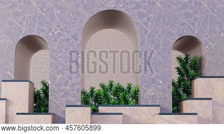 Arch Door With Brun Marble Wall., Minimal Scene For Products Showcase, Promotion Display. 3d Render